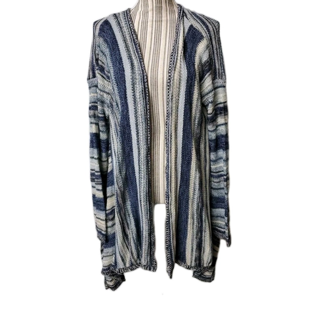 Knox Rose XL open knit cotton cardigan Blues Stripped, Long Sides Short Back